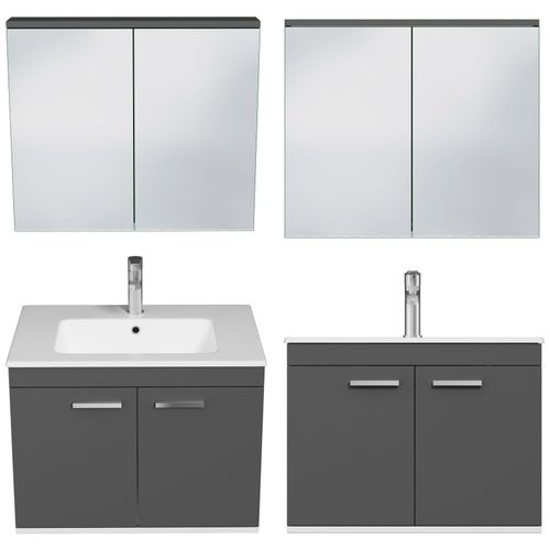 Meuble 1 Vasque Encastrée 70 Cm + Miroir Armoire 2 Portes Gris Anthracite Salle De Bain - Rubite