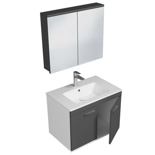 Meuble 1 Vasque Encastrée 70 Cm + Miroir Armoire 2 Portes Gris Anthracite Salle De Bain - Rubite