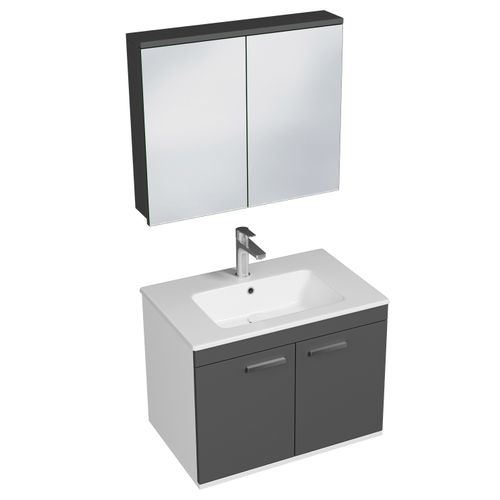 Meuble 1 Vasque Encastrée 70 Cm + Miroir Armoire 2 Portes Gris Anthracite Salle De Bain - Rubite