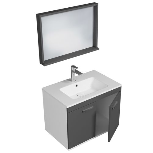 Meuble 1 Vasque Encastrée 70 Cm + Miroir Cadre 2 Portes Gris Anthracite Salle De Bain - Rubite