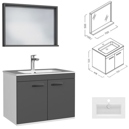 Meuble 1 Vasque Encastrée 70 Cm + Miroir Cadre 2 Portes Gris Anthracite Salle De Bain - Rubite
