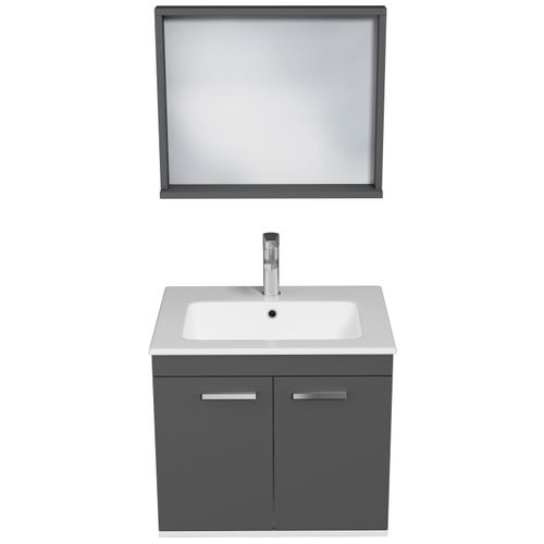 Meuble 1 Vasque Encastrée 60 Cm + Miroir Cadre 2 Portes Gris Anthracite Salle De Bain - Rubite