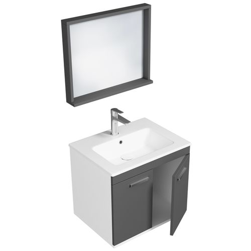 Meuble 1 Vasque Encastrée 60 Cm + Miroir Cadre 2 Portes Gris Anthracite Salle De Bain - Rubite