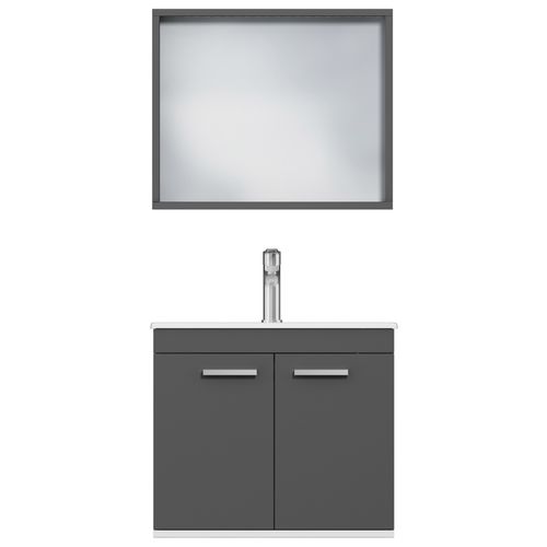 Meuble 1 Vasque Encastrée 60 Cm + Miroir Cadre 2 Portes Gris Anthracite Salle De Bain - Rubite