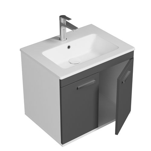 Meuble 1 Vasque Encastrée 60 Cm 2 Portes Gris Anthracite Salle De Bain - Rubite