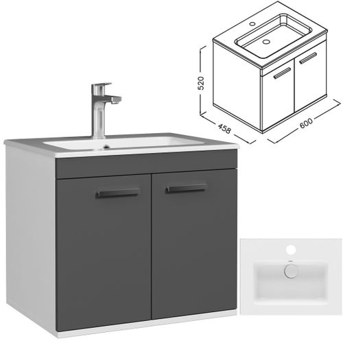 Meuble 1 Vasque Encastrée 60 Cm 2 Portes Gris Anthracite Salle De Bain - Rubite