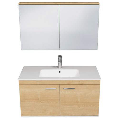 Meuble 1 Vasque Encastrée 100 Cm + Miroir Armoire 2 Portes Chêne Clair Salle De Bain - Rubite
