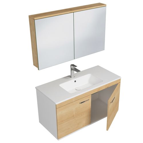 Meuble 1 Vasque Encastrée 100 Cm + Miroir Armoire 2 Portes Chêne Clair Salle De Bain - Rubite