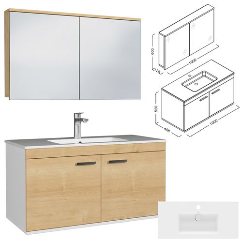 Meuble 1 Vasque Encastrée 100 Cm + Miroir Armoire 2 Portes Chêne Clair Salle De Bain - Rubite