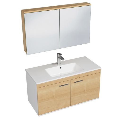 Meuble 1 Vasque Encastrée 100 Cm + Miroir Armoire 2 Portes Chêne Clair Salle De Bain - Rubite