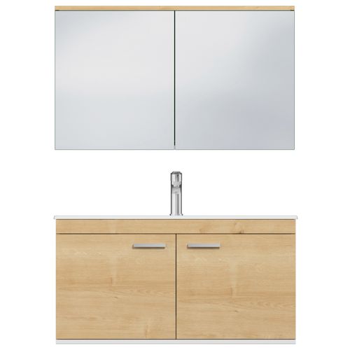 Meuble 1 Vasque Encastrée 100 Cm + Miroir Armoire 2 Portes Chêne Clair Salle De Bain - Rubite