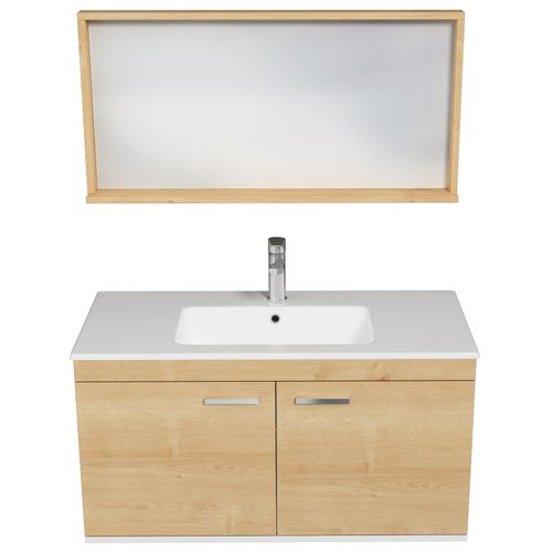 Meuble 1 Vasque Encastrée 100 Cm + Miroir Cadre 2 Portes Chêne Clair Salle De Bain - Rubite