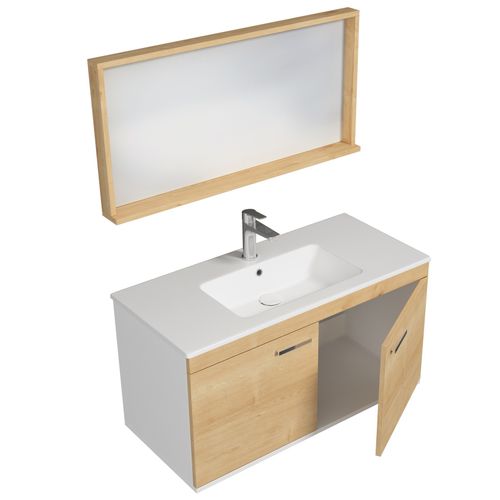 Meuble 1 Vasque Encastrée 100 Cm + Miroir Cadre 2 Portes Chêne Clair Salle De Bain - Rubite