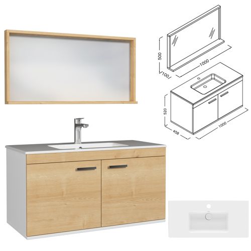 Meuble 1 Vasque Encastrée 100 Cm + Miroir Cadre 2 Portes Chêne Clair Salle De Bain - Rubite