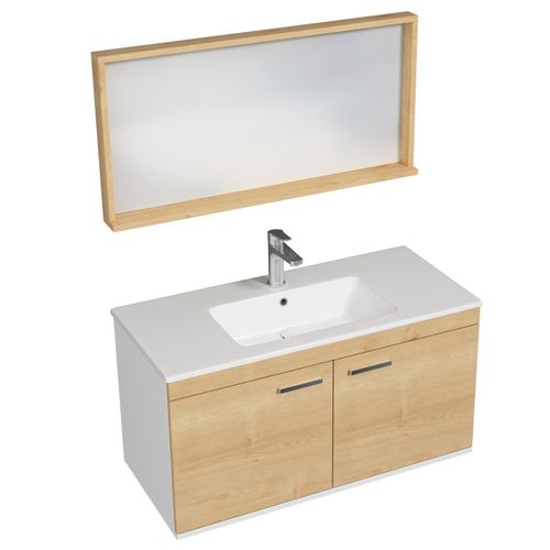 Meuble 1 Vasque Encastrée 100 Cm + Miroir Cadre 2 Portes Chêne Clair Salle De Bain - Rubite