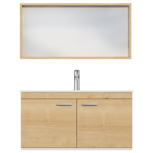 Meuble 1 Vasque Encastrée 100 Cm + Miroir Cadre 2 Portes Chêne Clair Salle De Bain - Rubite