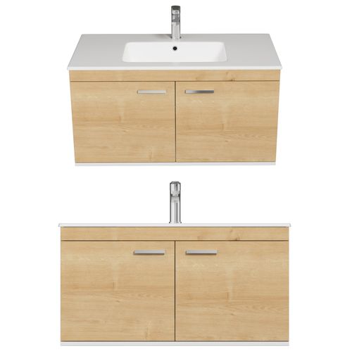 Meuble 1 Vasque Encastrée 100 Cm 2 Portes Chêne Clair Salle De Bain - Rubite