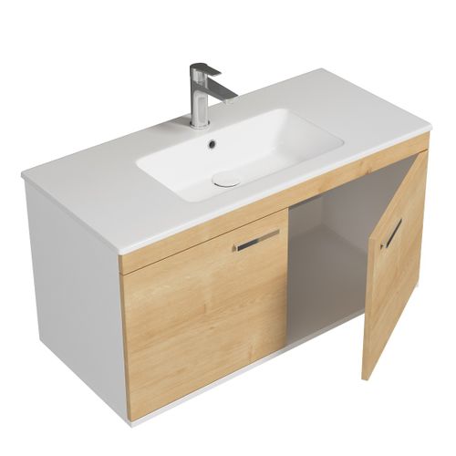 Meuble 1 Vasque Encastrée 100 Cm 2 Portes Chêne Clair Salle De Bain - Rubite