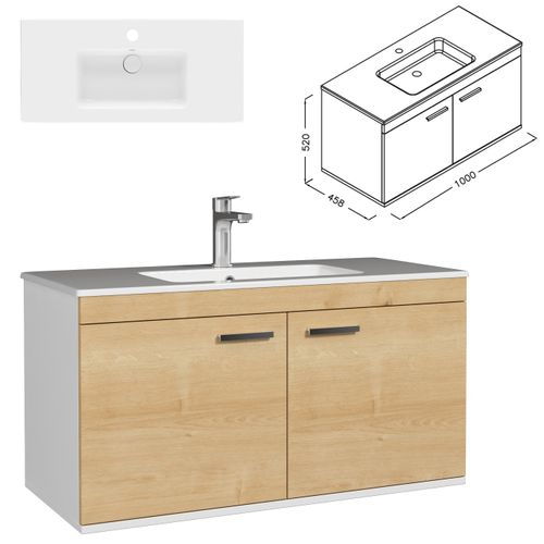 Meuble 1 Vasque Encastrée 100 Cm 2 Portes Chêne Clair Salle De Bain - Rubite