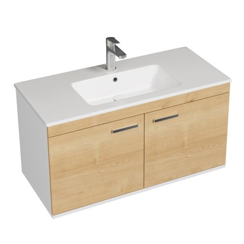 Meuble 1 Vasque Encastrée 100 Cm 2 Portes Chêne Clair Salle De Bain - Rubite