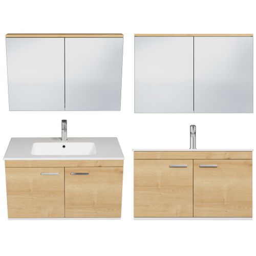 Meuble 1 Vasque Encastrée 90 Cm + Miroir Armoire 2 Portes Chêne Clair Salle De Bain - Rubite