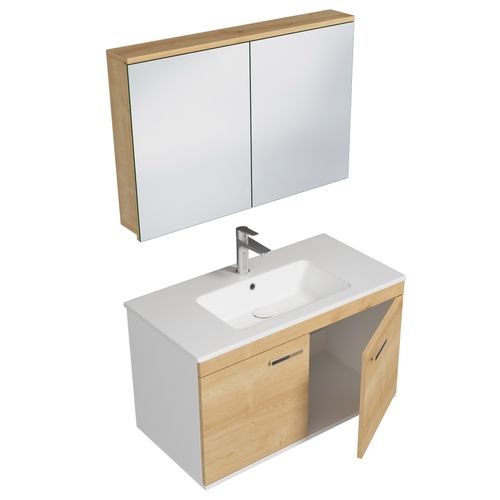 Meuble 1 Vasque Encastrée 90 Cm + Miroir Armoire 2 Portes Chêne Clair Salle De Bain - Rubite