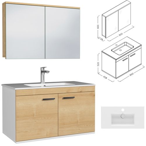 Meuble 1 Vasque Encastrée 90 Cm + Miroir Armoire 2 Portes Chêne Clair Salle De Bain - Rubite