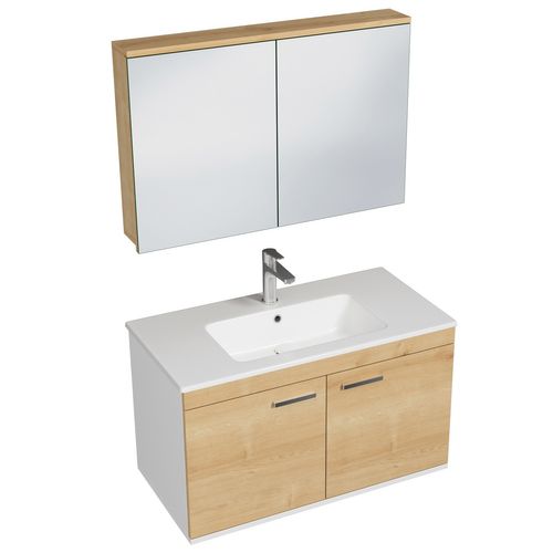 Meuble 1 Vasque Encastrée 90 Cm + Miroir Armoire 2 Portes Chêne Clair Salle De Bain - Rubite