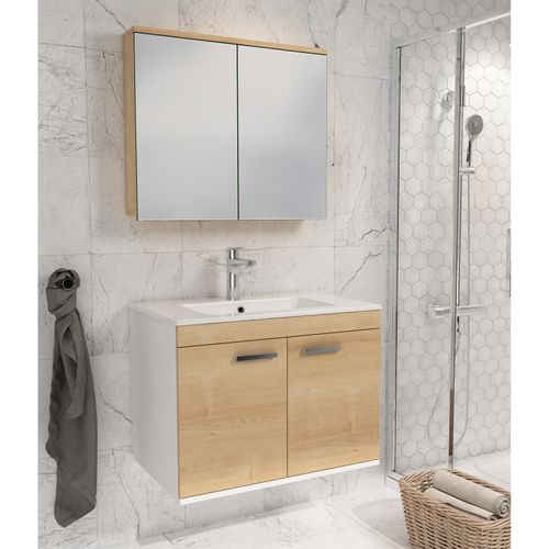 Meuble 1 Vasque Encastrée 90 Cm + Miroir Armoire 2 Portes Chêne Clair Salle De Bain - Rubite