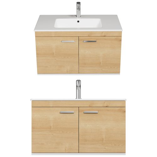 Meuble 1 Vasque Encastrée 90 Cm 2 Portes Chêne Clair Salle De Bain - Rubite