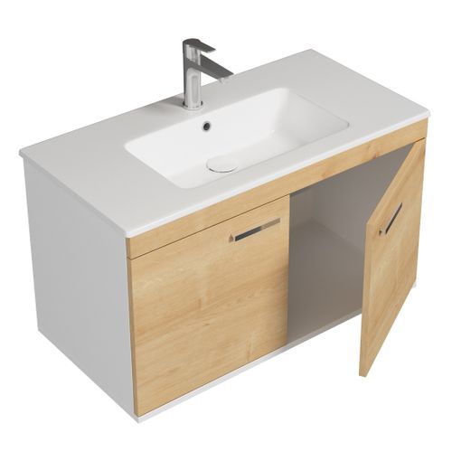 Meuble 1 Vasque Encastrée 90 Cm 2 Portes Chêne Clair Salle De Bain - Rubite