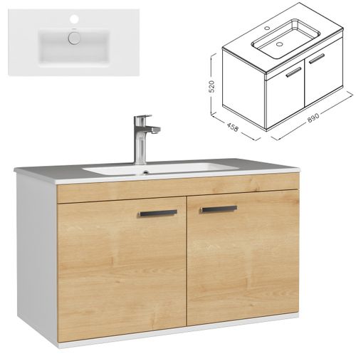Meuble 1 Vasque Encastrée 90 Cm 2 Portes Chêne Clair Salle De Bain - Rubite