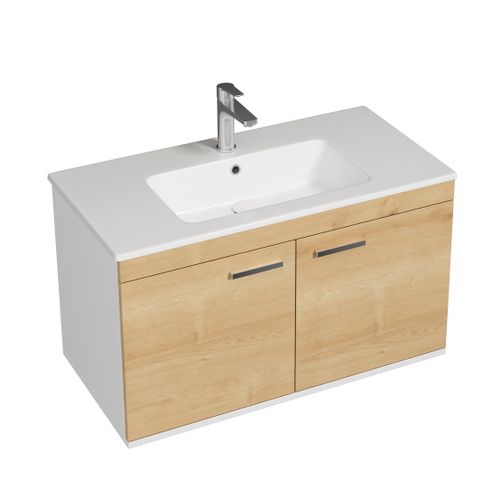 Meuble 1 Vasque Encastrée 90 Cm 2 Portes Chêne Clair Salle De Bain - Rubite