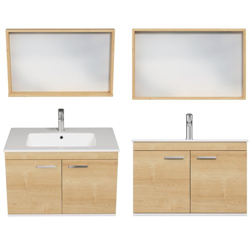 Meuble 1 Vasque Encastrée 80 Cm + Miroir Cadre 2 Portes Chêne Clair Salle De Bain - Rubite