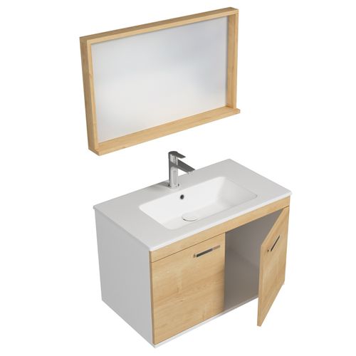 Meuble 1 Vasque Encastrée 80 Cm + Miroir Cadre 2 Portes Chêne Clair Salle De Bain - Rubite