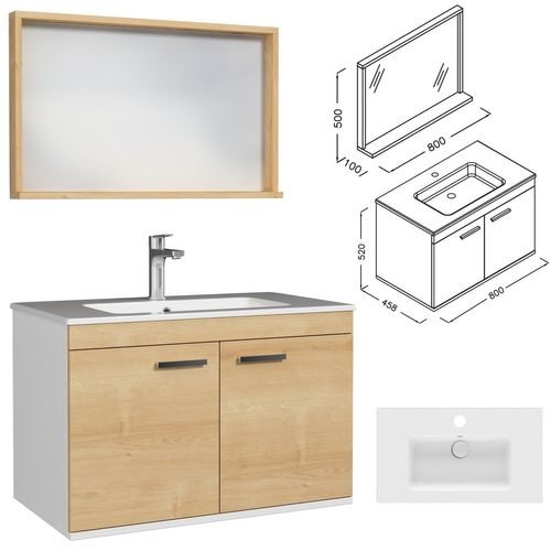 Meuble 1 Vasque Encastrée 80 Cm + Miroir Cadre 2 Portes Chêne Clair Salle De Bain - Rubite
