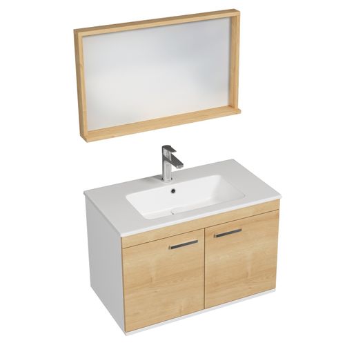 Meuble 1 Vasque Encastrée 80 Cm + Miroir Cadre 2 Portes Chêne Clair Salle De Bain - Rubite