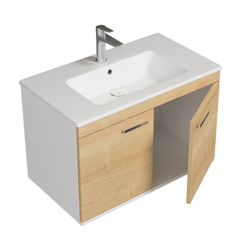 Meuble 1 Vasque Encastrée 80 Cm 2 Portes Chêne Clair Salle De Bain - Rubite