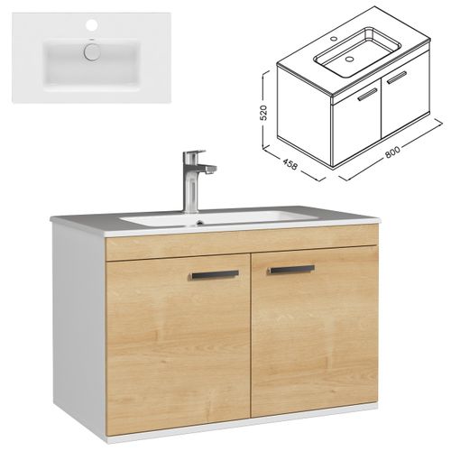 Meuble 1 Vasque Encastrée 80 Cm 2 Portes Chêne Clair Salle De Bain - Rubite