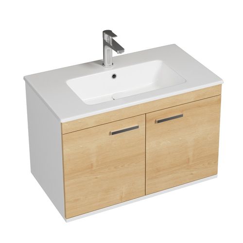 Meuble 1 Vasque Encastrée 80 Cm 2 Portes Chêne Clair Salle De Bain - Rubite