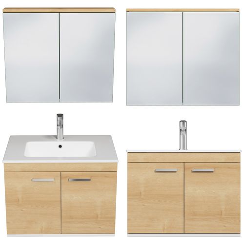 Meuble 1 Vasque Encastrée 70 Cm + Miroir Armoire 2 Portes Chêne Clair Salle De Bain - Rubite