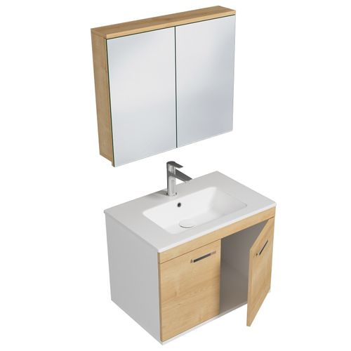 Meuble 1 Vasque Encastrée 70 Cm + Miroir Armoire 2 Portes Chêne Clair Salle De Bain - Rubite