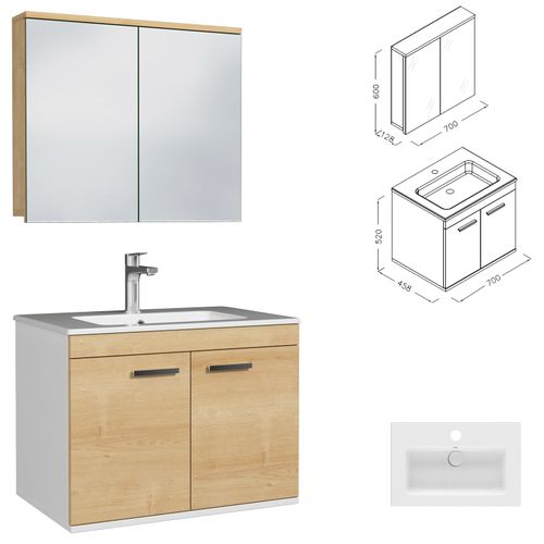 Meuble 1 Vasque Encastrée 70 Cm + Miroir Armoire 2 Portes Chêne Clair Salle De Bain - Rubite