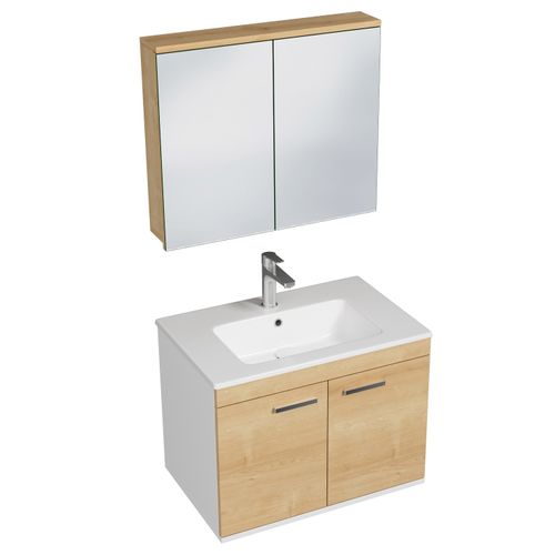Meuble 1 Vasque Encastrée 70 Cm + Miroir Armoire 2 Portes Chêne Clair Salle De Bain - Rubite