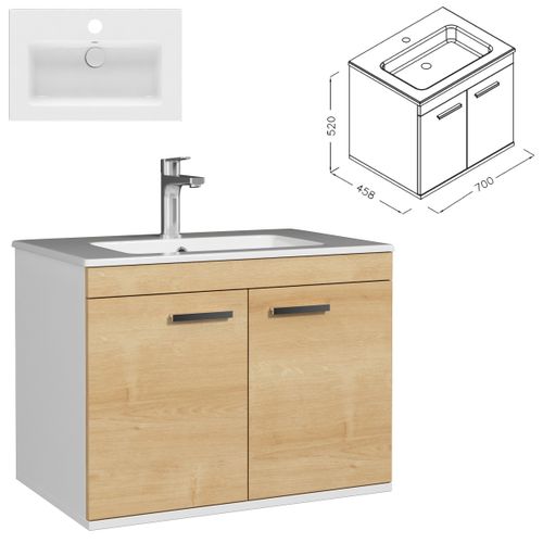 Meuble 1 Vasque Encastrée 70 Cm 2 Portes Chêne Clair Salle De Bain - Rubite