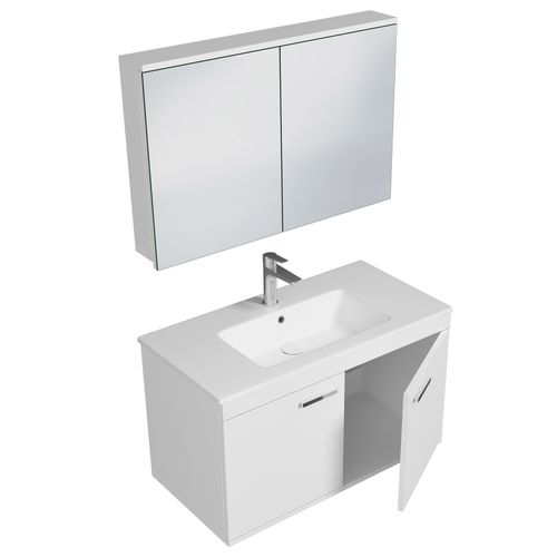 Meuble 1 Vasque Encastrée 90 Cm + Miroir Armoire 2 Portes Blanc Salle De Bain - Rubite