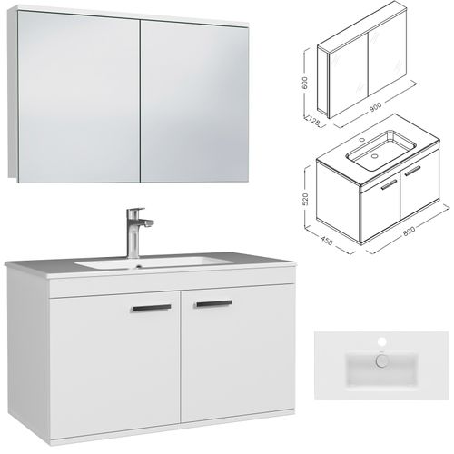 Meuble 1 Vasque Encastrée 90 Cm + Miroir Armoire 2 Portes Blanc Salle De Bain - Rubite