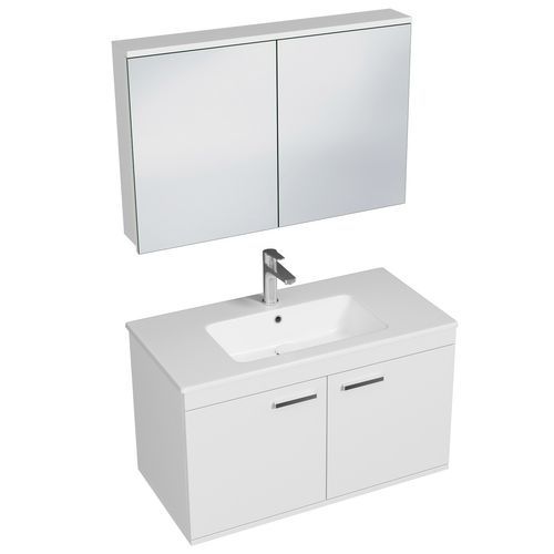 Meuble 1 Vasque Encastrée 90 Cm + Miroir Armoire 2 Portes Blanc Salle De Bain - Rubite