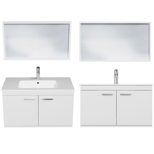 Meuble 1 Vasque Encastrée 90 Cm + Miroir Cadre 2 Portes Blanc Salle De Bain - Rubite