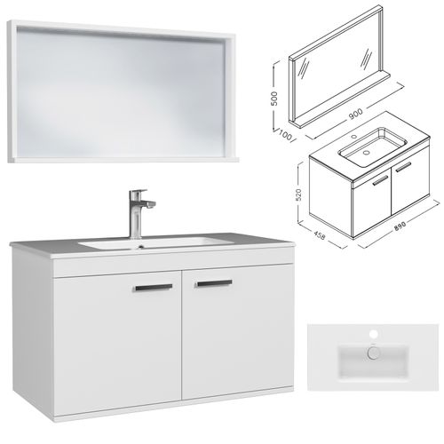 Meuble 1 Vasque Encastrée 90 Cm + Miroir Cadre 2 Portes Blanc Salle De Bain - Rubite